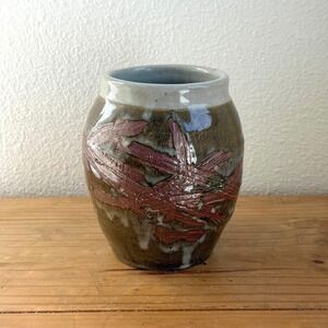 Brutalist Stoneware Vase Iron Slip Brushwork Signed Studio Pottery 1991